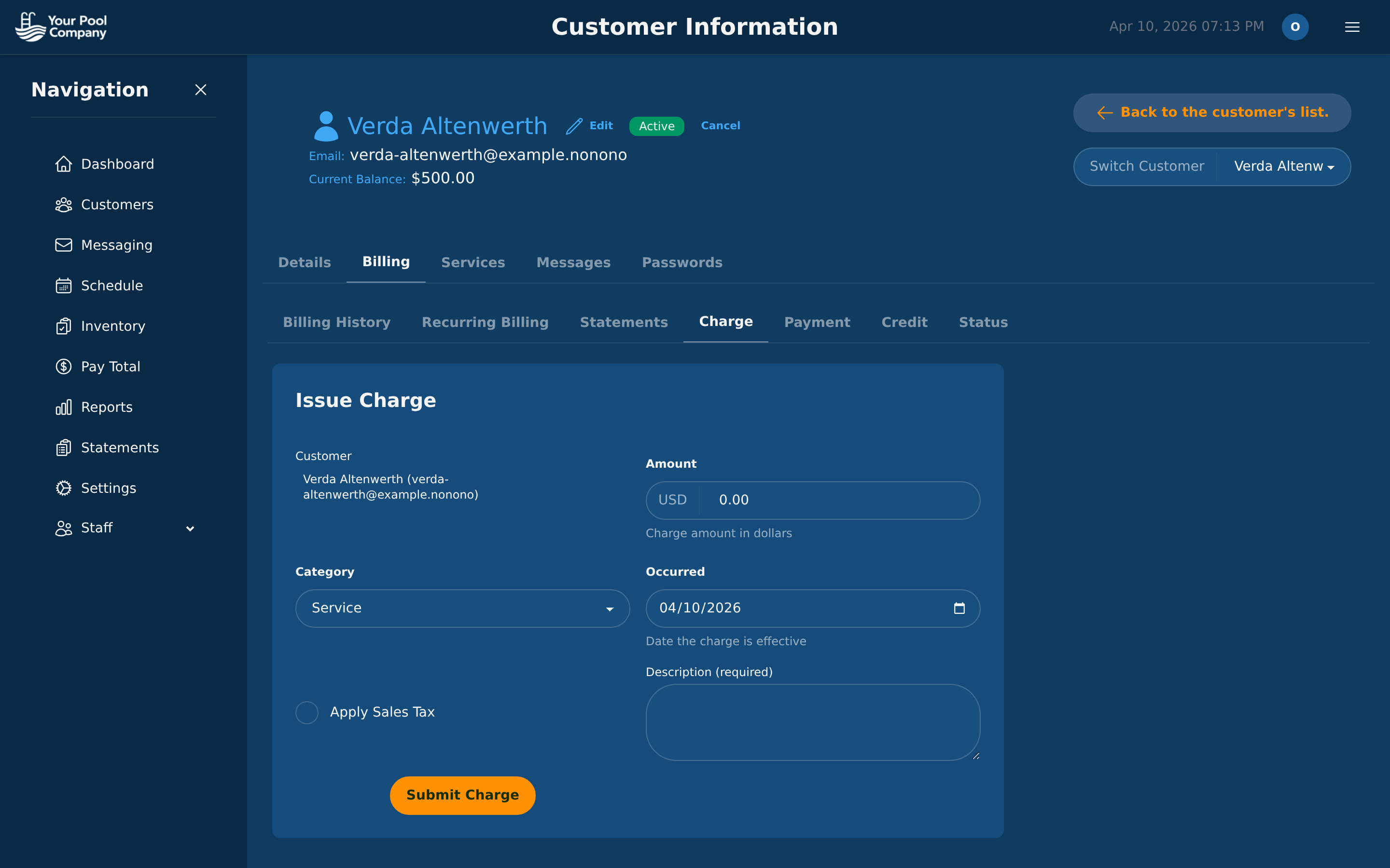 Pool Billing Program charge form with amount, category, date, and tax toggle