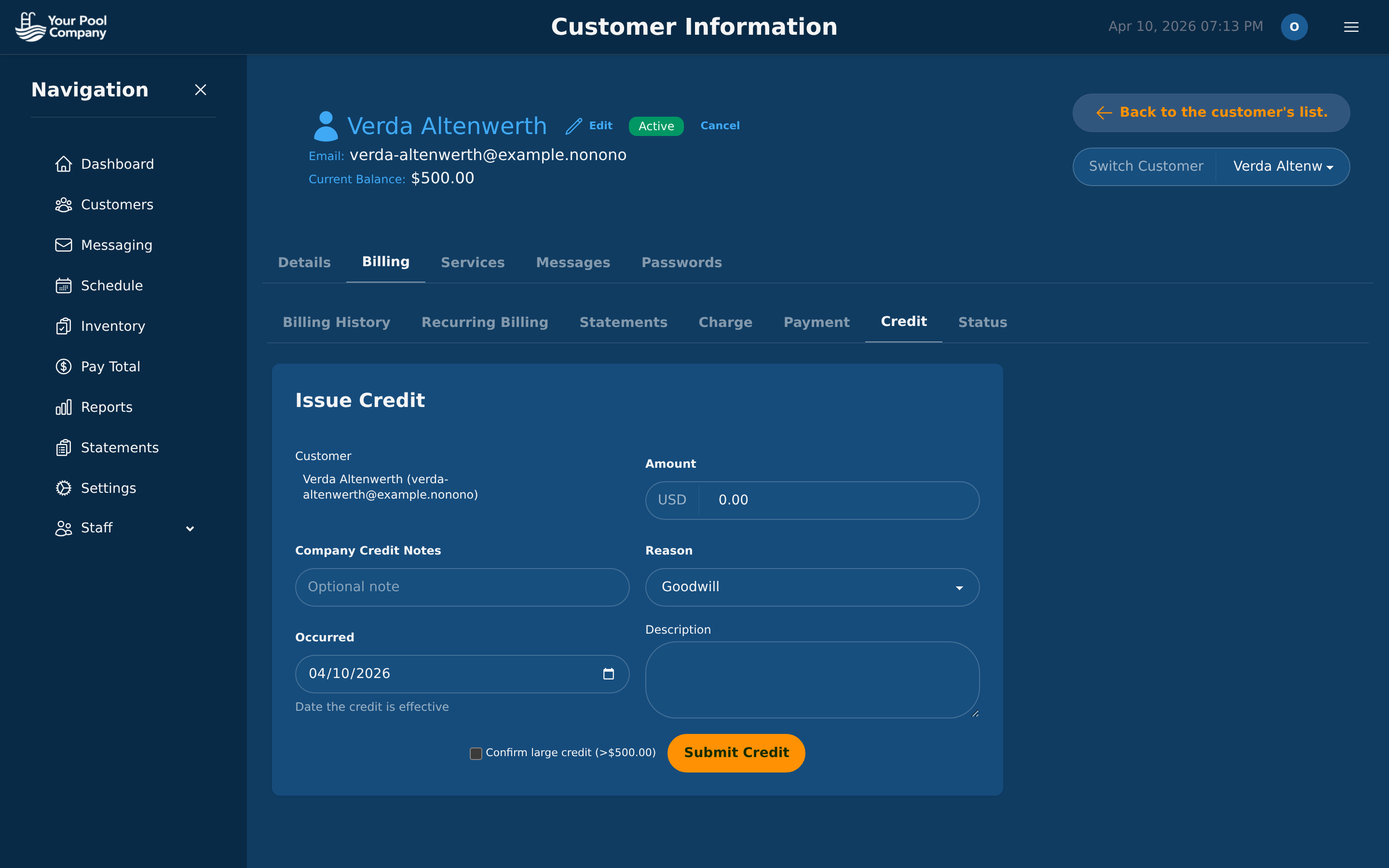 Pool Billing Program credit form with reason tracking