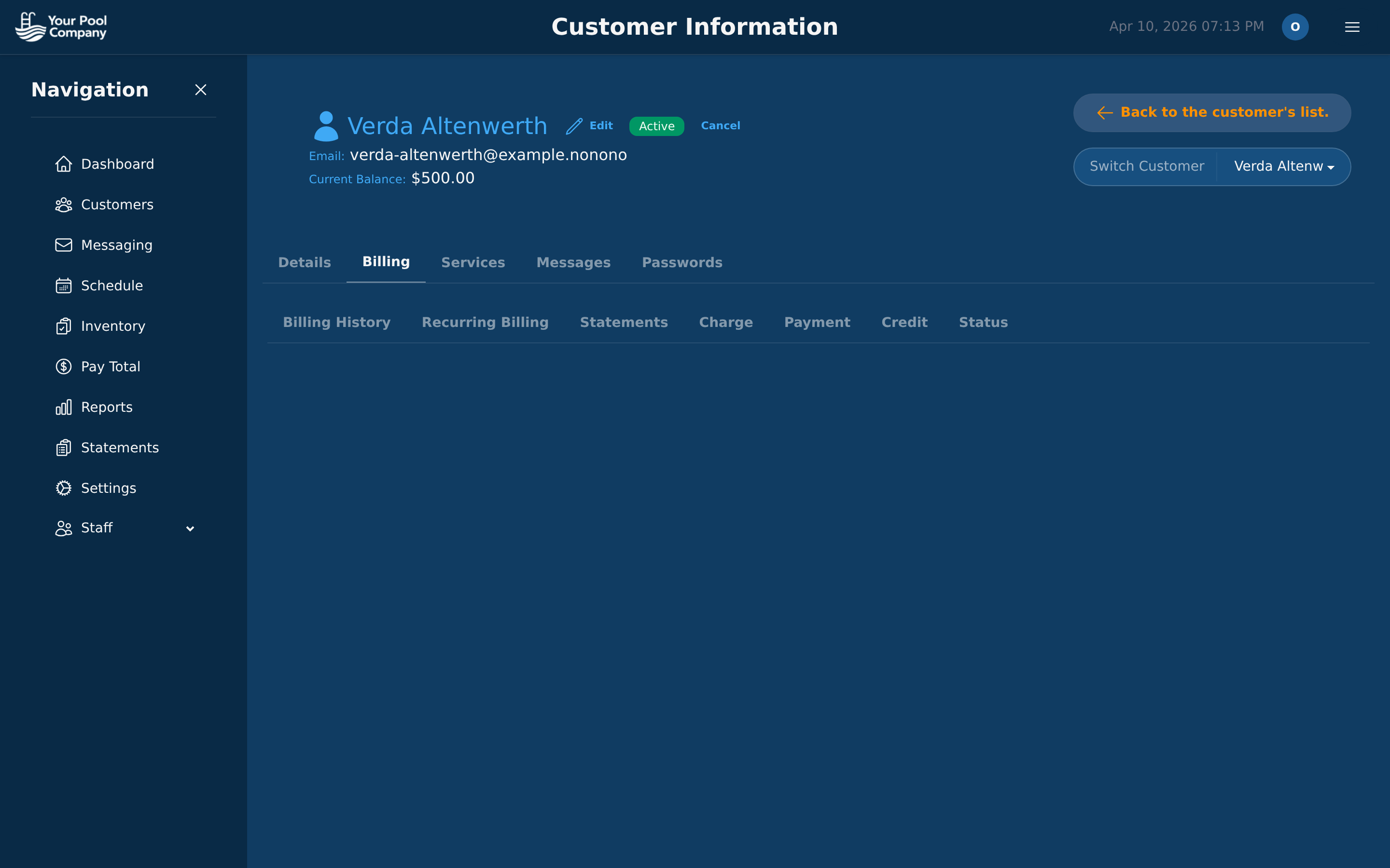 Pool Billing Program automated billing screen with recurring invoice setup