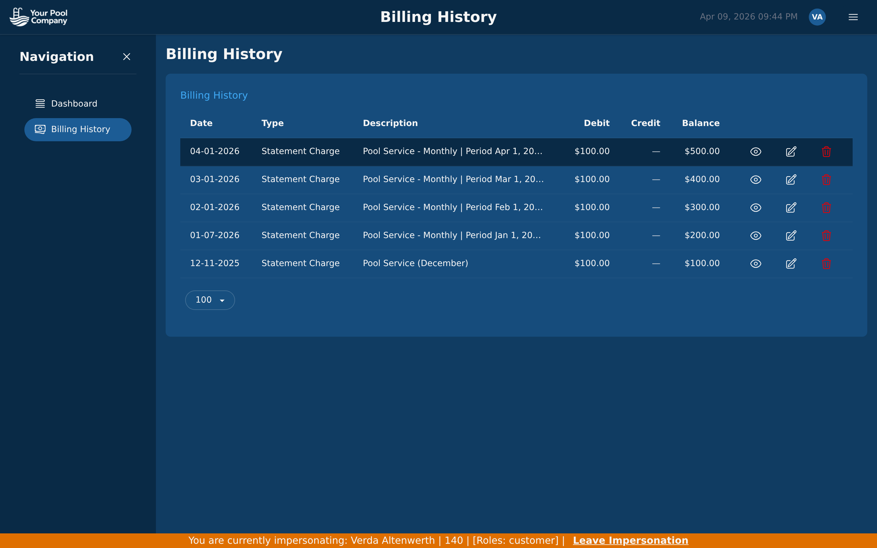 Pool Billing Program customer portal billing history with transaction details