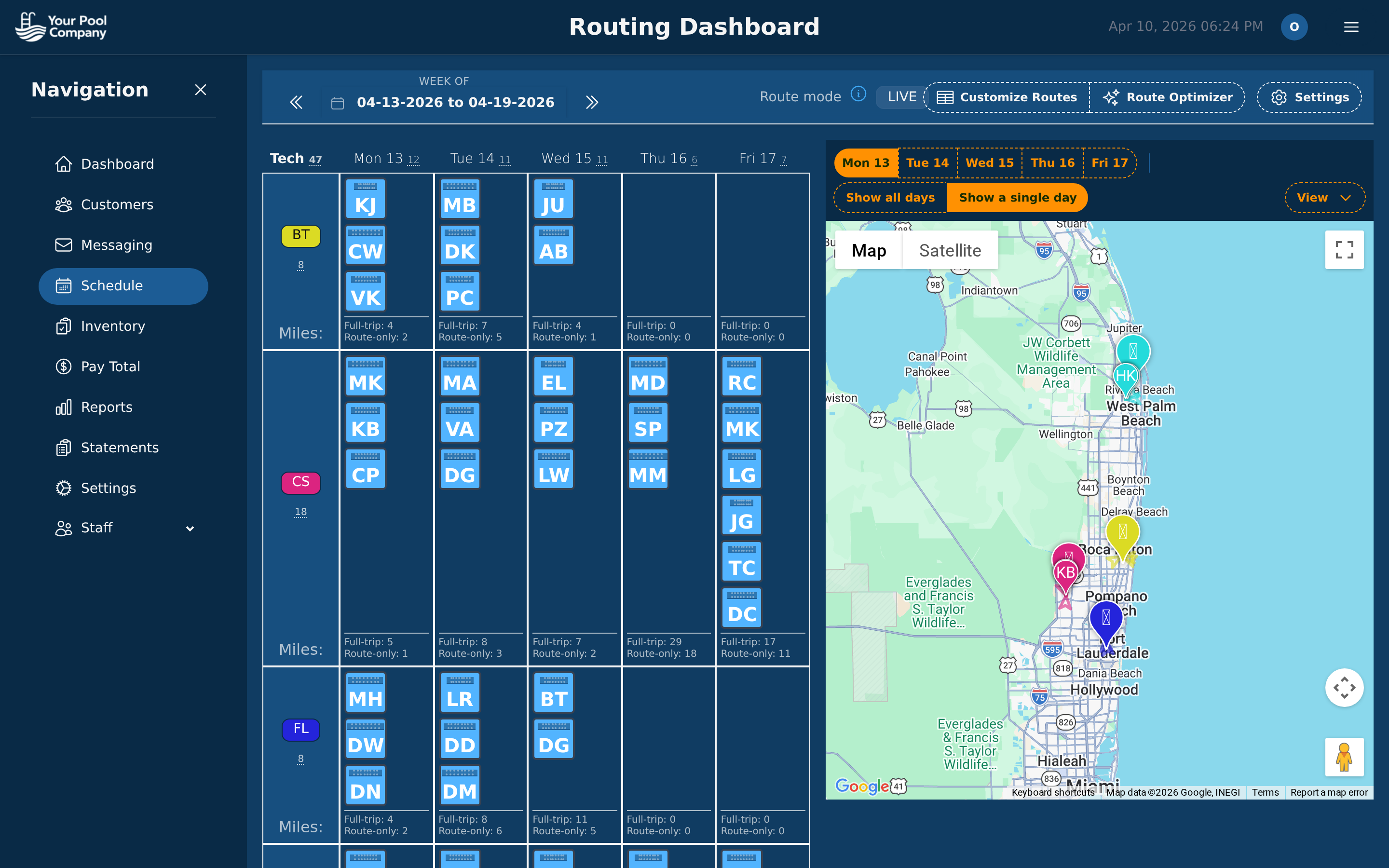 Pool Billing Program route planner with weekly calendar and map overlay