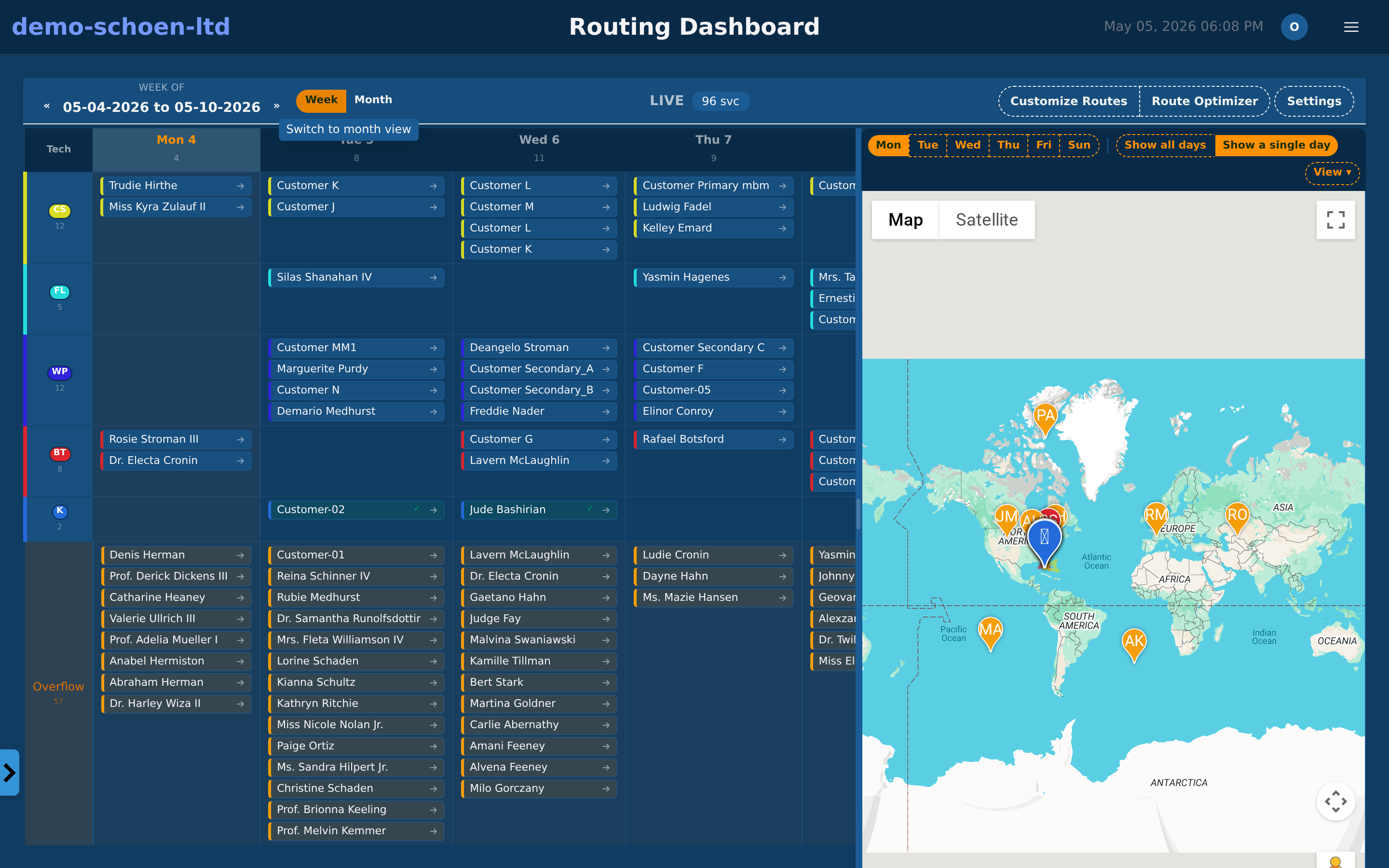 Pool Billing Program route planner with weekly calendar and map overlay