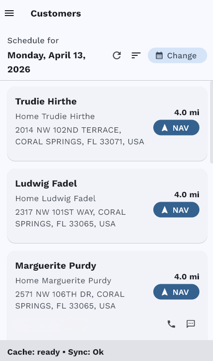 Pool Billing Program mobile app showing technician daily schedule