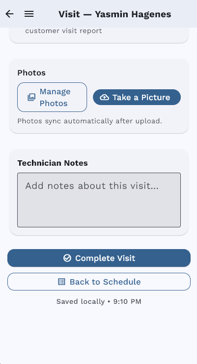Pool Billing Program mobile app photo capture and visit completion