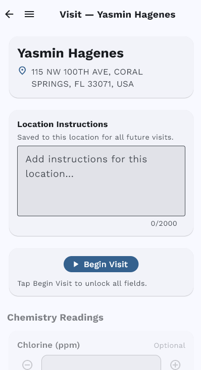 Pool Billing Program mobile begin-visit screen with customer details